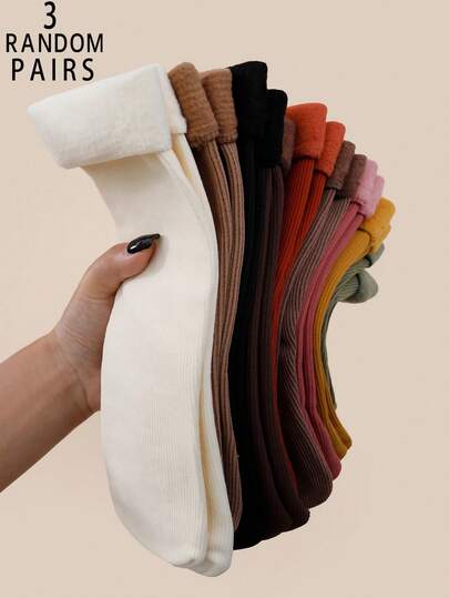 3 Pairs Women's Solid Color Fleece Lined Warm Snow Socks, Comfortable Breathable Mid-Calf Socks For Autumn/Winter