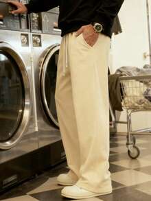 1 件男士抽绳腰宽松阔腿休闲运动裤，秋冬 - 棕色 - 查看 5