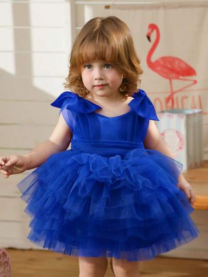Baby Girls Royal Blue Christmas 3D Bow Tulle Sleeveless Princess Cake Dress, Elegant Party Dress For Birthday, Wedding, Formal Occasions, All Season