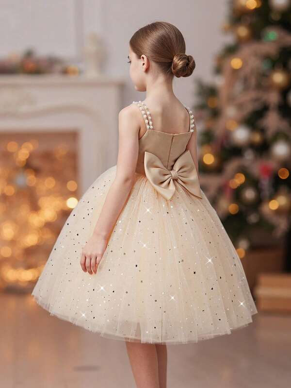 Vestido elegante de malla con tirantes finos, lazo, cuentas y lentejuelas doradas para niña, vestido de princesa adecuado para fiestas de cumpleaños, bodas, niña de las flores, actuaciones escolares y celebraciones festivas