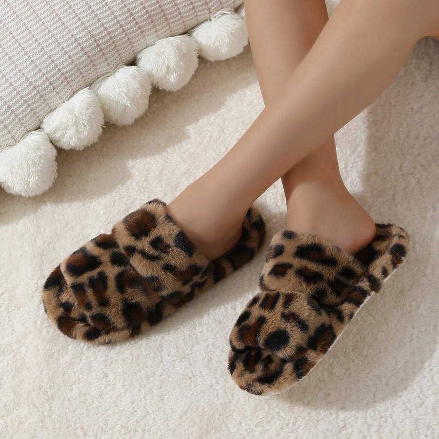 1 Pair New Leopard Print Plush Slippers For Women In Spring And Autumn French Flat Bottomed Comfortable Home Plush Cotton Slippers - Đỏ - Xem 1