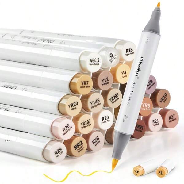 24Color Art Markers Skin Tones Dual Tip Brush And Fine Sketch Marker Brush Markers Bonus 1 Blender For Sketching Adult Coloring Calligraphy And Illustration Markers Midtone And Hair Shades Marker Set