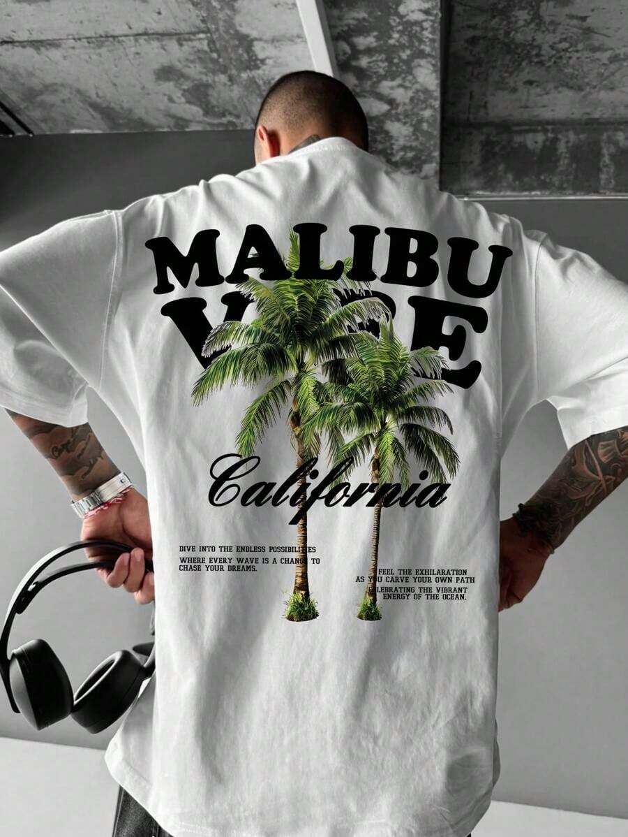 Camiseta de manga corta casual blanca con estampado de palmeras para hombres Shwiy, camiseta gráfica con árbol de coco de California, adecuada para uso diario, regalo para el novio - Blanco - Ver 1