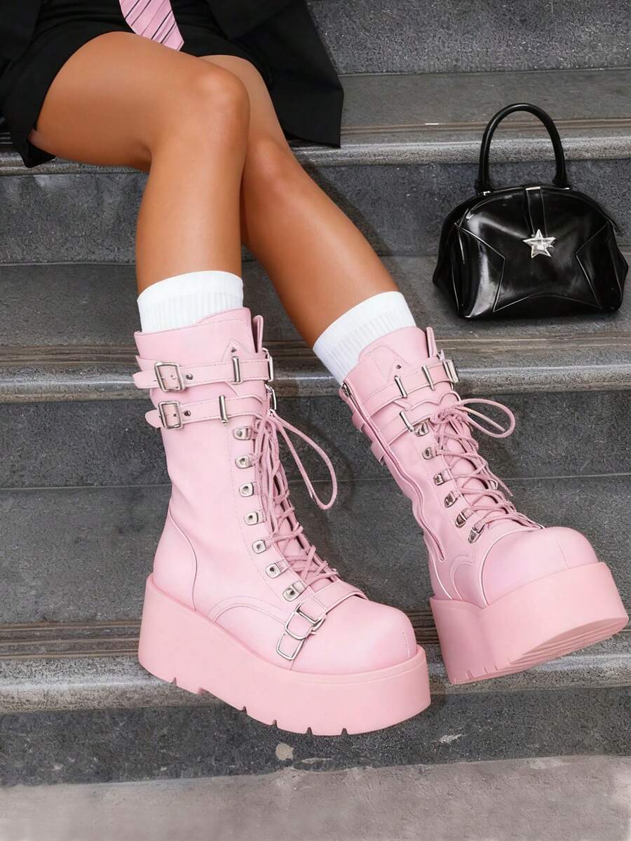 Goth Platform Boots For Women Back To School Punk Motorcycle Boots Mid Calf Round Toe Boots Back Zip Wedges Fall Boots - Pink - View 1