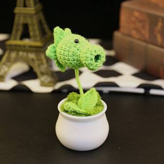 1 pieza Planta potada de flor realista hecha a mano a ganchillo, decoración floral de tela perenne, planta potada de alambre enrollado con suerte para decoración del hogar, oficina o automóvil, adorno tejido de hilo artificial, decoración de planta potada falsa