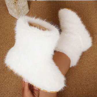 Wide Fit White Fluffy Short Boots For Women, Fashionable Warm Fluffy Snow Boots, Fuzzy Boots For Autumn/Winter,Fur Boots