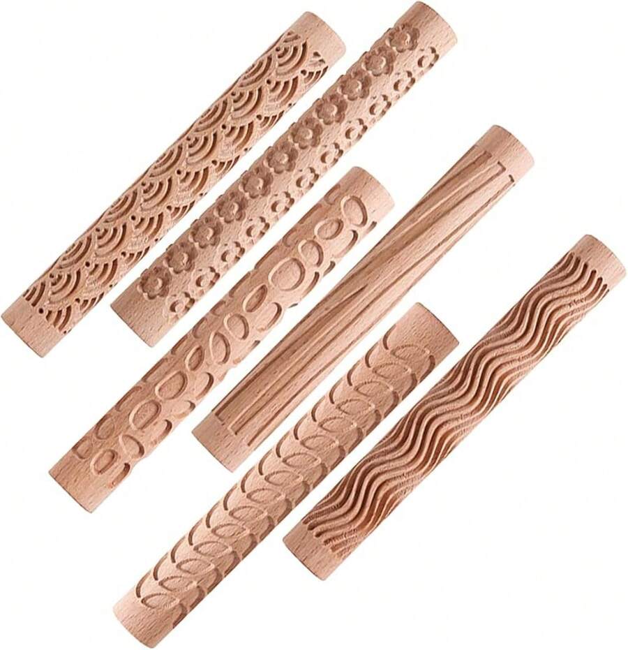 JOJOCY Clay Rollers Textured, Wooden Hand Rollers Clay Modeling Pattern Rollers Kit Foliage Barks Ripples Stars Pebbles Swflake Ceramic DIY Tools Pottery Stamp Roller For Pasta (Set 2) - 第一組 - 查看 1