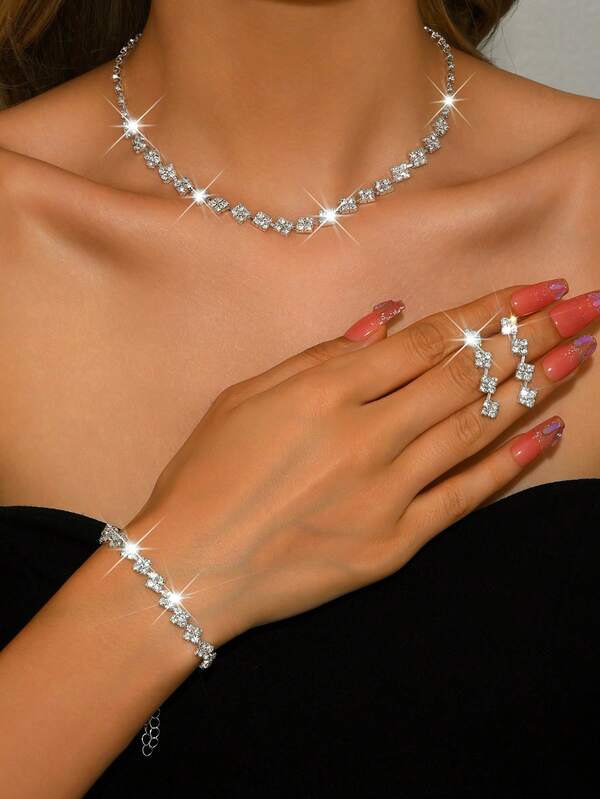 French Elegant Square Rhinestone Jewelry Set, Earrings, Necklace + Bracelet, Suitable For Women's Wedding, Party And Daily Wear