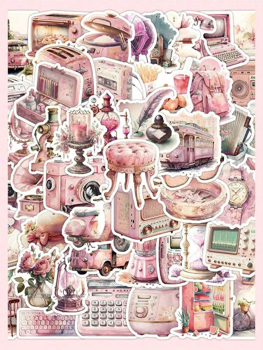 63pcs/Pack Retro Style Pink Stickers For Vintage Item Decoration, Diy Phone Case, Notebook, Travel Album And More - Hồng - Xem 1