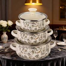 Zestaw naczyń emaliowanych 2025 | Powłoka ceramiczna bez PFAS, nadaje się do kuchenek gazowych/indukcyjnych | Zaokrąglone krawędzie, nadaje się do grillowania na świeżym powietrzu/użytku domowego | Zestaw 3-częściowy (garnek do zupy/garnek termiczny/garnek na jedzenie dla niemowląt) | Styl retro, łatwy do czyszczenia