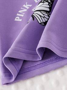 2 件套女婴时尚休闲套装，字母和蝴蝶印花长袖连帽运动衫上衣和字母印花紫色裤子 - 紫色 - 查看 7