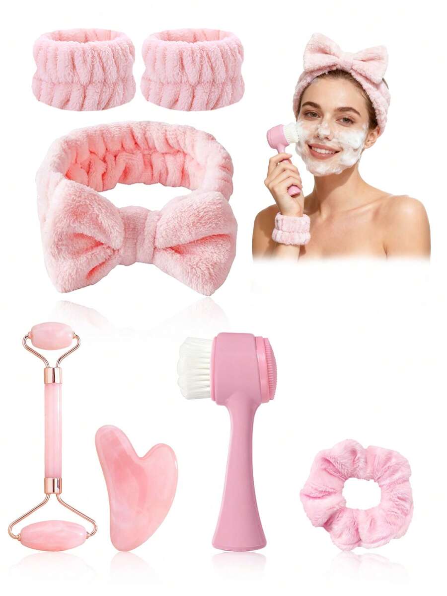 3/4/7pcs/Set Facial Cleansing & Beauty Massage Tool Combo Set, Includes Face Brush, Dead Skin Scraper, Mask Brush, Soft Hair Multi-Function Brush, Face Beauty Scraper, Roller, Plush Washable Face Cleaning Set, Bulk Skincare Tool Combo Set, Claw Clips - Pink - View 1