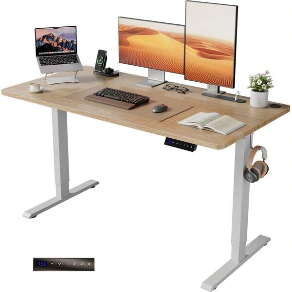 DLONGONE Electric Standing Desk, Height Adjustable Desks With 3 Power Outlets & 2 USB Ports And 3 Memory Smart Panels Home Office Desk With Headphone Hook And Splice Board