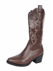 白色复古刺绣尖头粗跟西部靴，女士款，2025秋冬新款百搭高帮骑马靴 - 咖啡棕 - 查看 7