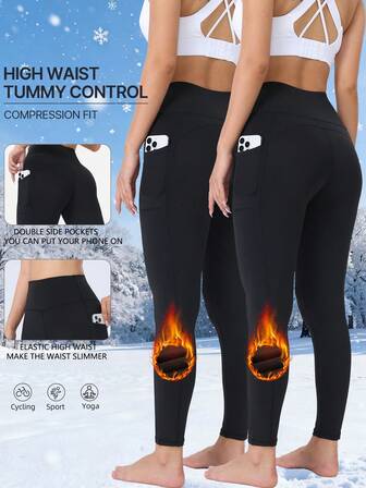 Set de 2 pantalones de yoga de cintura alta con forro térmico para mujer, mallas de compresión con control de abdomen para correr, entrenamiento, pilates, fitness, actividades al aire libre, ciclismo, invierno