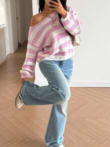 Women's Cute Casual Long Sleeve Off-Shoulder Sweater Striped Pink Knitted Sweater Top Pullover Homecoming Fall Winter Going Out Outfits Clothes Suitable For Daily Wear