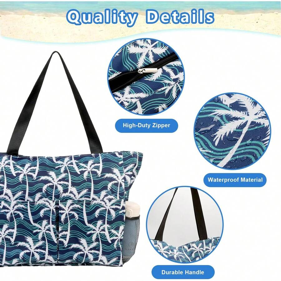 Bolsas de playa para mujer con cremallera, bolsa de playa impermeable con bolsillo, bolsas de playa de verano para viajar, ir de compras, piscina, gimnasio - Cocotero - Ver 1