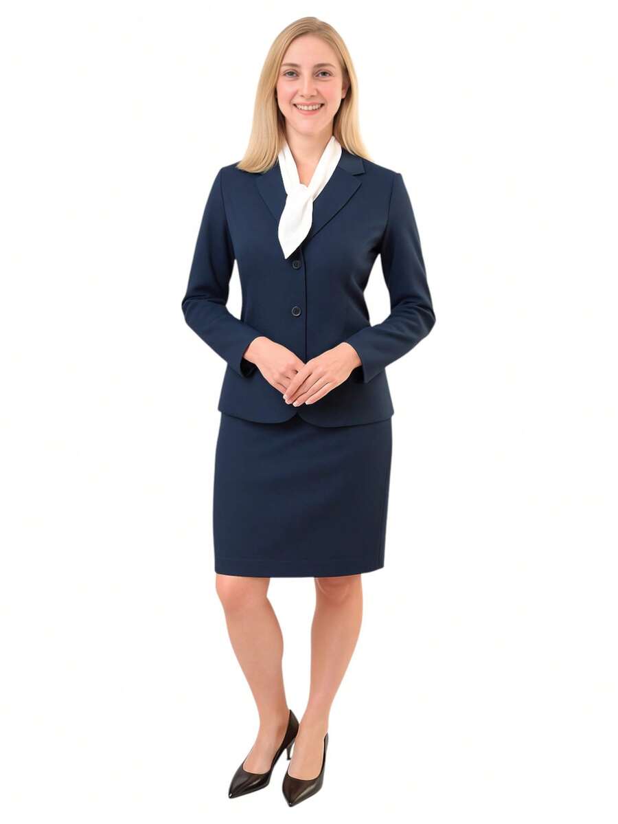 Lined Blazer And Skirt Set For Secretary And Receptionist - Navy Blue - View 1
