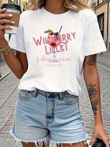 WILDBERRY T Tipsy Style: T-shirt con stampa motivo Wild Berry Lilaai Wine, top casual a maniche corte con scollo rotondo per primavera/estate - Bianco - Visualizzare 1