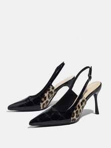 Women's High Heels For Autumn/Winter, Suitable For Night Parties, Outdoor, Fashion, Elegant Banquet. Pointed Toe, Electroplated, Shiny, Alluring Side Leopard Print Design, High-Quality Textured Material, Elegant Rear Strap, Comfortable, Formal Wear High Heels, Black - Black - View 6
