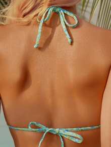 wohenmeili Bộ bikini gợi cảm buộc dây cổ họa tiết hoa nhí mùa hè dành cho nữ - Nền xanh nhạt với hoa xanh - Xem 4