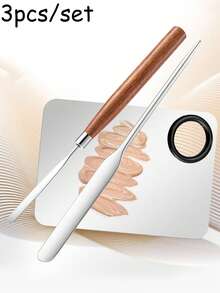 3 Piecesmetal Foundation Mixing Palette Set With Spatula, Durable And Easy-To-Clean Palette, Versatile Cosmetic Tool Kit For Mixing Foundation, Lipstick, Eyeshadow, And Nail Polish - Multicolor - View 1