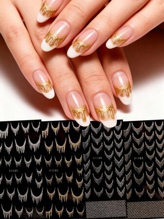 4 Sheets Of Retro Luxury French Manicure Glitter Nail Art Stickers - Tassel-Like Decorative Design, Women's Self-Adhesive Nail Art Decals, Glitter Finish, Retro Luxury Exquisite Theme, Easy To Apply Nail Decoration, DIY, Gift, Party Makeup