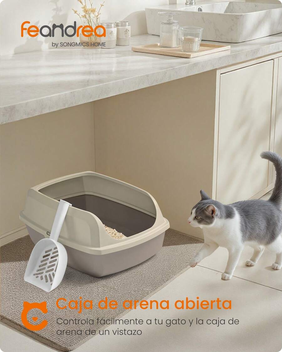 Feandrea Caja Arenero con Bordes Altos, Tamaño XL, Abierta, con Pala, para Gatitos y Gatos Grandes,Beige Capuchino