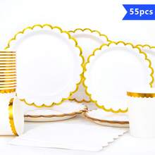 10 piezas Plato, servilleta y juego de tazas desechables con forma de pétalo floral blanco y dorado, suministros para fiestas adecuados para 10 invitados, platos de papel desechables para cumpleaños, bodas, fiestas, picnics familiares - Multicolor - Ver 1