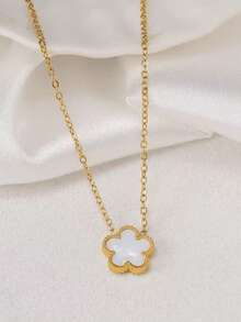 1pc Stainless Steel Four-Leaf Clover Pendant Necklace, Minimalist Everyday Wear Lucky Flower Charm Necklace For Women - Golden Five-leaf Clover Necklace - View 5