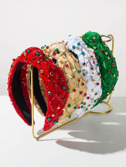 1pc Solid Color Velvet Sequin Quilted Christmas Element Headband, Simple & Fashionable Red & Green Pearl Jewel Decor Holiday Hair Accessory