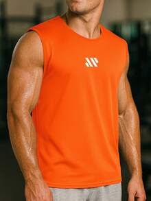 Men Solid Color Sleeveless Gym Tank Top Muscle Fit Workout Fitness Vest - Orange - View 2