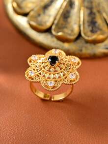 1pc Luxurious And Elegant Flower Openwork Design Ring For Women, Vintage And Noble Ring With Cubic Zirconia.Featuring An 18k Gold-Plated Adjustable Band. Perfect For Wedding, Parties, Banquets, Holiday Celebrations, Gift Giving And Other Special Occasions. - Luxurious - View 9