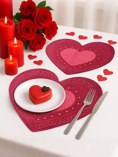 4pcs Red Valentines Day Heart-Shaped Linen Placemat, Embroidered Red Gillter Heart With Sequins Design Valentines Table Mats, Waterproof, Easy To Clean,Durable Tabletop Decoration, Dining Table Decoration, Table Centerpieces,Suitable For Home, Restaurant And Cafe,Holiday Wedding Decor