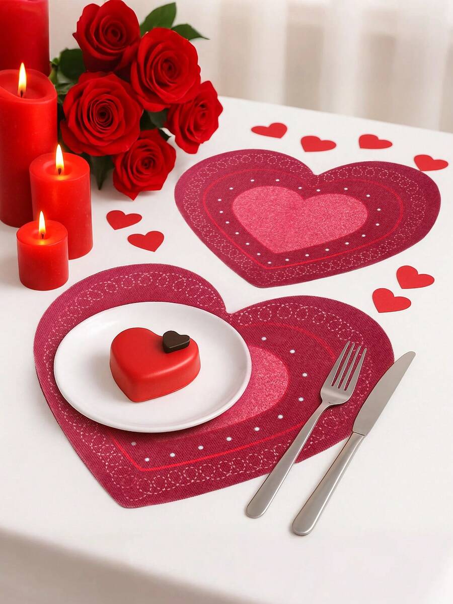 4pcs Red Valentines Day Heart-Shaped Linen Placemat, Embroidered Red Gillter Heart With Sequins Design Valentines Table Mats, Waterproof, Easy To Clean,Durable Tabletop Decoration, Dining Table Decoration, Table Centerpieces,Suitable For Home, Restaurant And Cafe,Holiday Wedding Decor