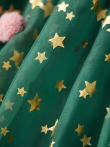 Women's Christmas Sleeveless Dress Tie Shoulder Strap Star Print Tiered Cake A-Line Tulle Dress - Green - View 7