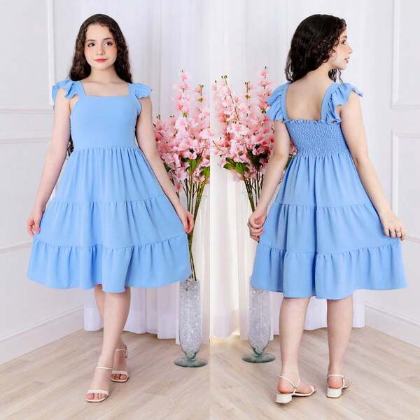 Vestido Infantil e Juvenil Midi Duna com Alça de Babado e Saia em Camadas – Elegante, Confortável e Não Amassa