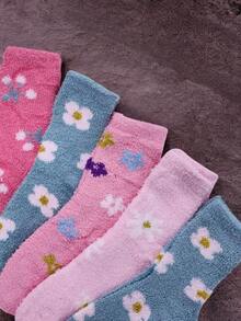 Miriam 6 Pares de Calcetas Afelpadas, Multicolor, Suaves, Diseño de Flores, Ligeras y Comodos. - Multicolor - Ver 3