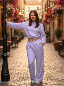 Pans Holgado De Peluche Con Sudadera Crop Top - Lila Púrpura - Ver 3