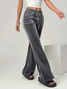 Calça de Moletom Feminina Casual de Cor Sólida com Cordão, Bolso e Nó, para Palco e Concerto - Prata - Visão 1
