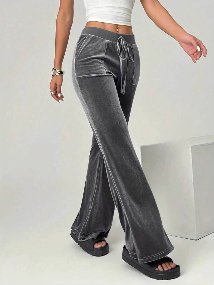Calça de Moletom Feminina Casual de Cor Sólida com Cordão, Bolso e Nó, para Palco e Concerto - Prata - Visão 1