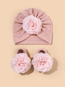 2 Stücke/Packung 0-6 Monate Baby Blumen Mütze & Socken Set, super weiche Baby Beanie Mütze und Socken Kombination, Neugeborenen Geschenk, ganzjährig - Verschiedenfarbig - Übersicht 12