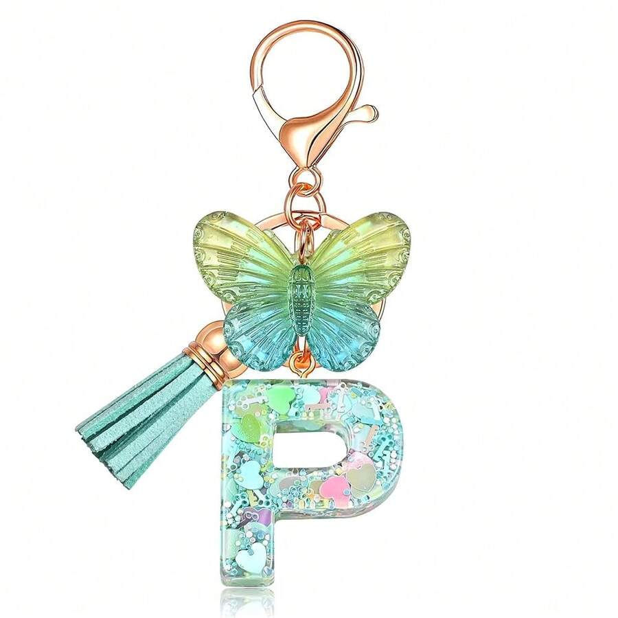 JINGUAZI Initial Letter Keychains For Women Tassel Butterfly Pink Purple Cute Car Keychain For Wallet Backpack Bag Charm{Inchcolor_nameinch:InchP-Greeninch} - P-green - View 1
