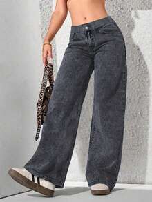 1pc Loose Casual Denim Effect Pants, Suitable For School And All Seasons - Dark Grey - View 5
