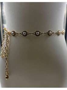 سلسلة معدنية للخصر للنساء، عصرية، أنيقة، متعددة الاستخدامات، مزينة باللؤلؤ والراين، إكسسوار فستان وحزام - الذهبي - مشاهدة 3