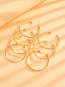 7 件/套时尚百搭波西米亚风西方复古简约金属手镯适合男女日常佩戴欧美风格，包括锤子、箭头、花卉、夸张六角形、扭曲开口手镯珠宝礼物 - 金黃色 - 查看 4