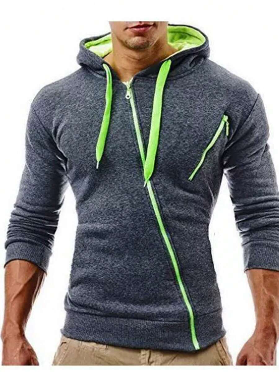 Sudadera Con Capucha Y Cremallera Para Hombres Cálido Moda - Gris - Ver 1