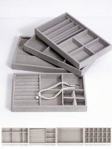 4-Pack Velvet Jewelry Display Trays Stackable Jewelry Storage Inserts Set Showcase Display Organizer For Ring Earring Necklace Pendants Bracelet - 灰色 - 查看 1