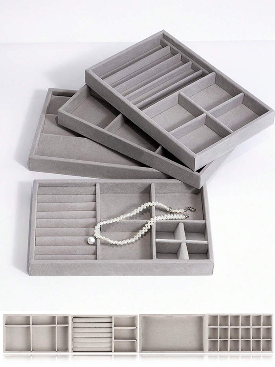 4-Pack Velvet Jewelry Display Trays Stackable Jewelry Storage Inserts Set Showcase Display Organizer For Ring Earring Necklace Pendants Bracelet - 灰色 - 查看 1