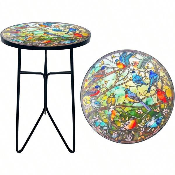 Mosaic Hummingbird Outdoor Side Tea Table Glass Plant Tables Indoor Decorative Metal Patio Table Round Outdoor Tables Unique Furniture - Weather-Resistant Patio Decor